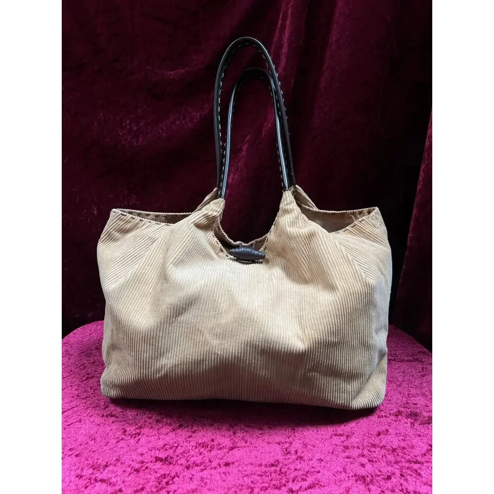 Vintage Moda International Corduroy Shoulder Bag - Tan Cotton Brown PVC Tote